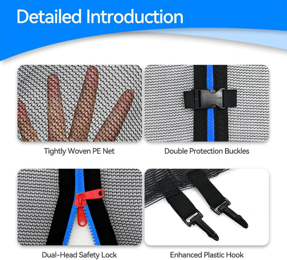 12-15 Ft Trampoline Replacement Safety Enclosure Net for 6 Straight Poles Round Frame Trampolines，Breathable and Weather-Resistant Trampoline Net with Adjustable Straps (Net Only)