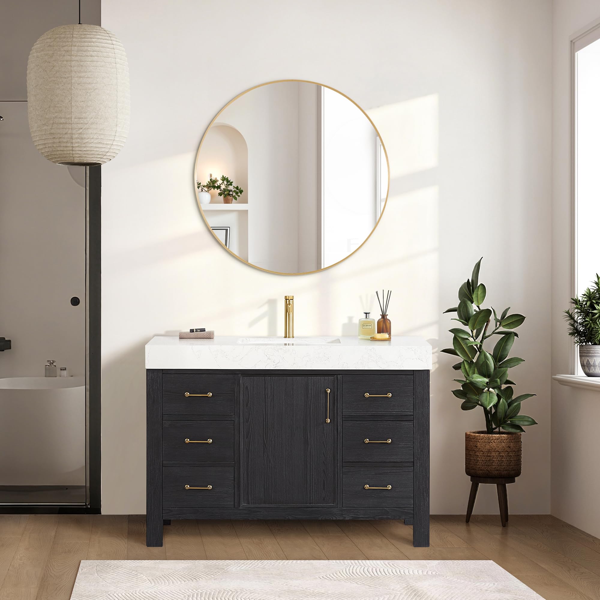 Vinnova Leon 48" Single Bathroom Vanity in Fir Wood Black w/Lightning White Composite