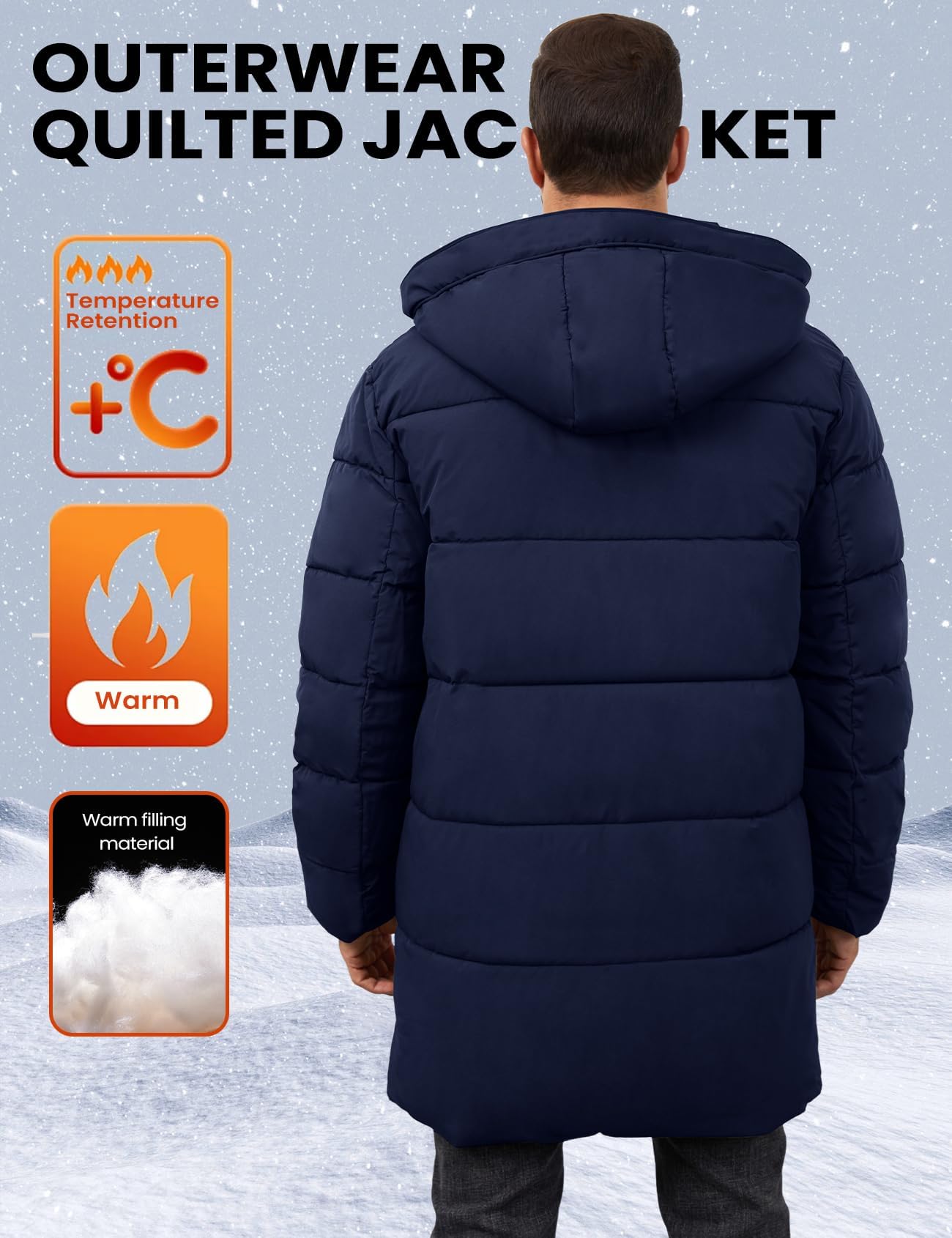 Gihuo Piumino lungo da uomo invernale caldo con cappuccio giacca trapuntata con zip imbottita cappotti capispalla