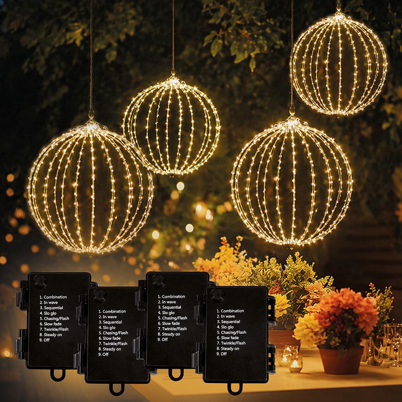Lunartec Deko LED Kugeln: 2er Set 2er-Set LED-Leuchtkugeln mit Ø 33 und 28 cm, 8 Modi, Timer (Deko Hänge Leuchten, Gartenbeleuchtungen)