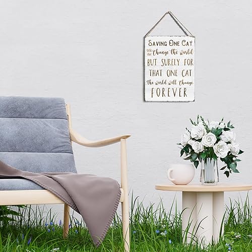 Miniatura 5 de Letreros de rescate de gatos, decoración rústica de pared con texto en inglés "Save One Cat Will Not Change the World" para colgar en la puerta
