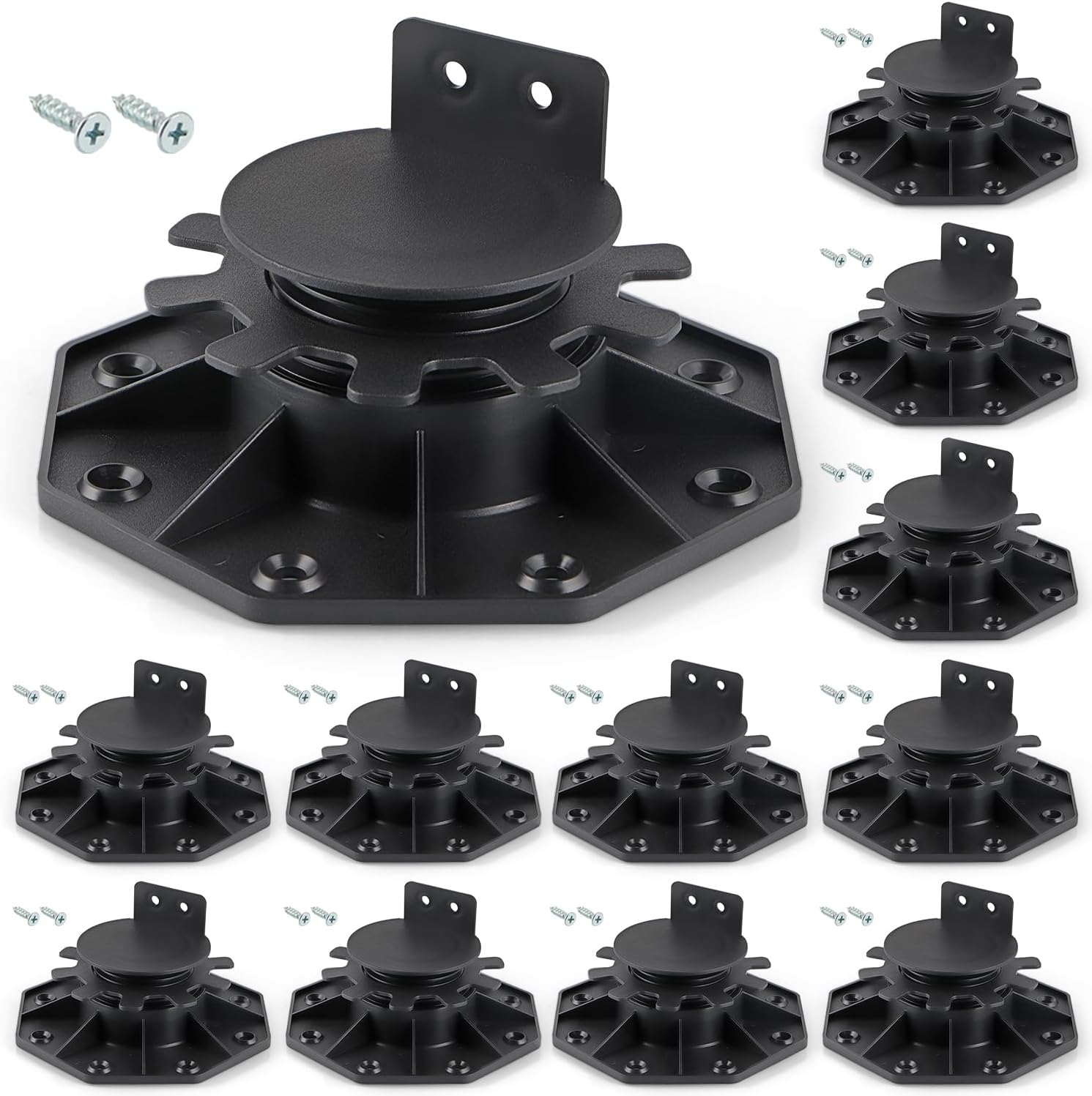 12 Pcs Joist Support Pedestals, Adjustable Plastic Pedestal Pavers Raising from 1-3/16" to 2-3/8", Deck Blocks Foundation with Screws for Flooring, Timber Base