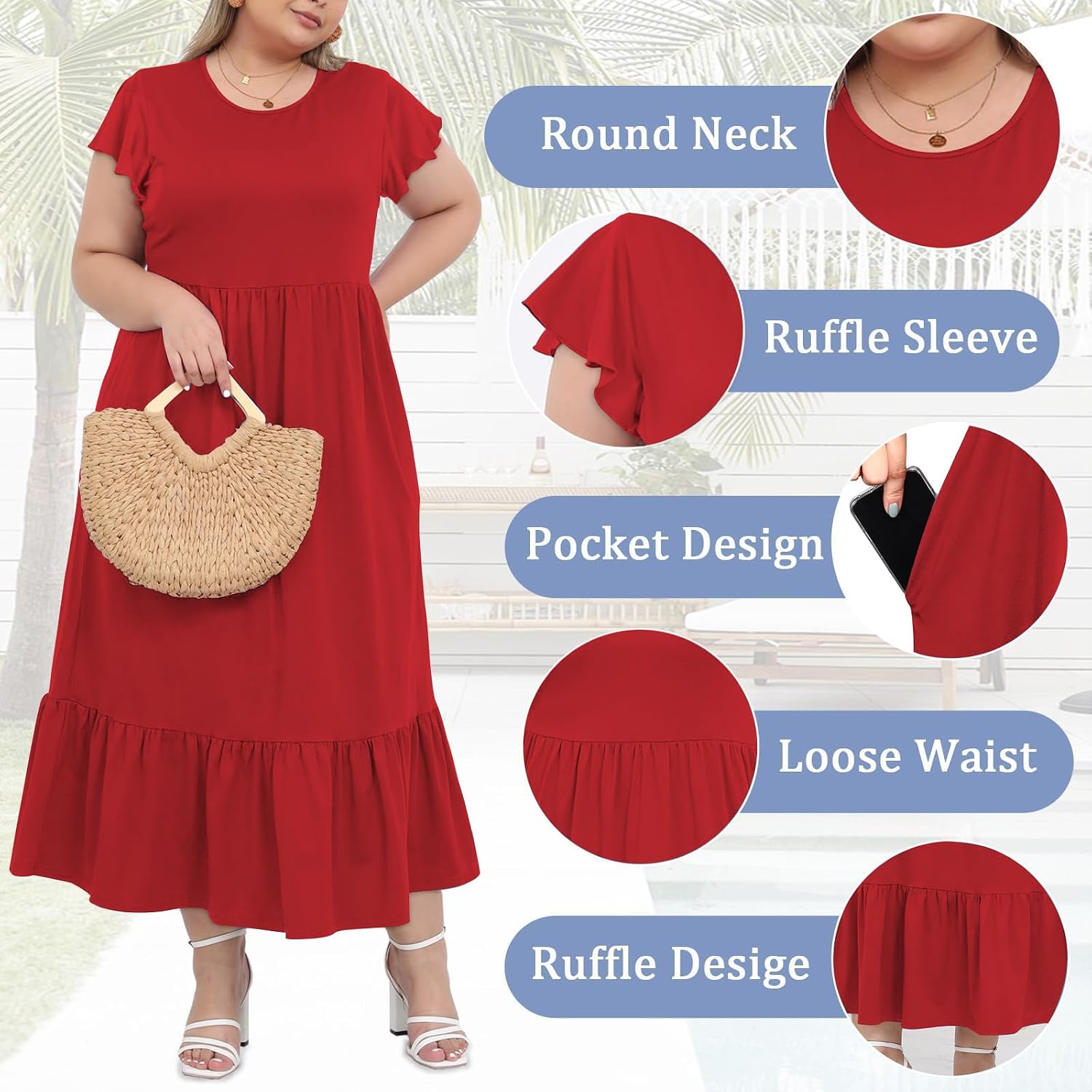 Women's Plus Size Maxi Dress Crew Neck Ruffle Short Sleeve Summer Casual Dresses with Pockets Floral Long Dress