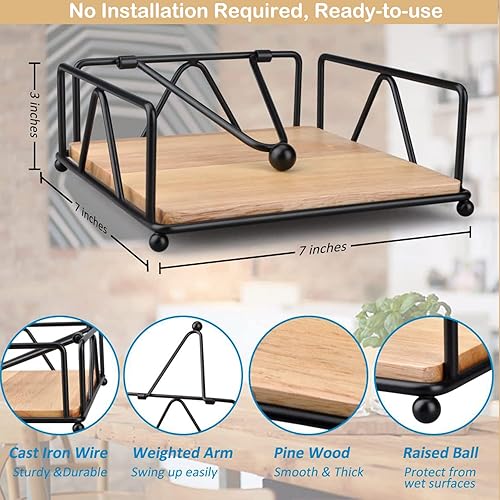 Miniatura 5 de Servilletero de metal para mesa con brazo de peso, servilleteros de papel plano para mesa de cocina con base de madera, dispensador de pañuelos de