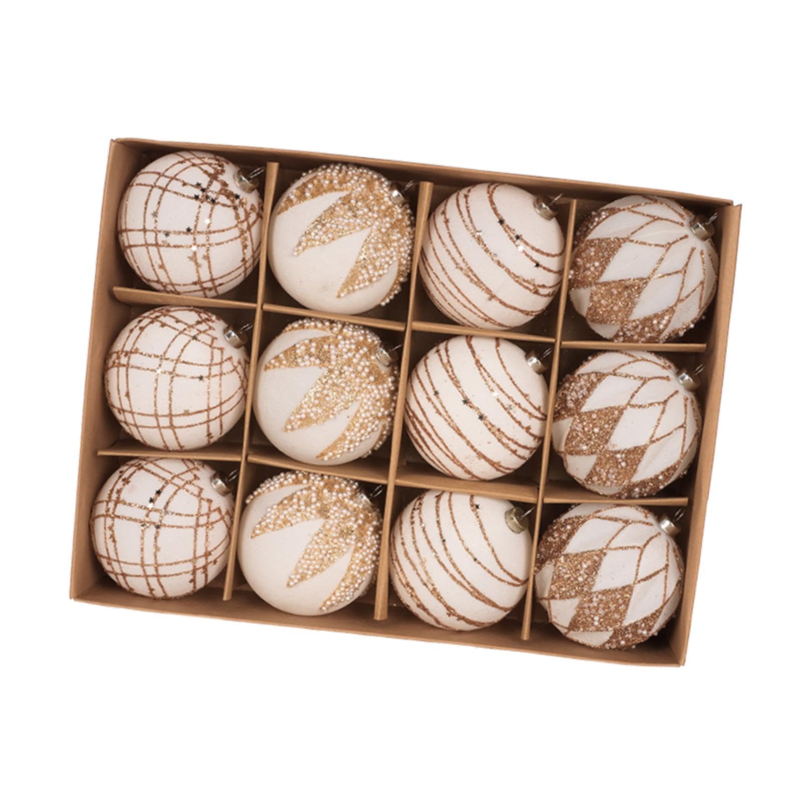 Boules de Noël floquées de 8 cm, ornements suspendus beige pour décoration de sapin festive