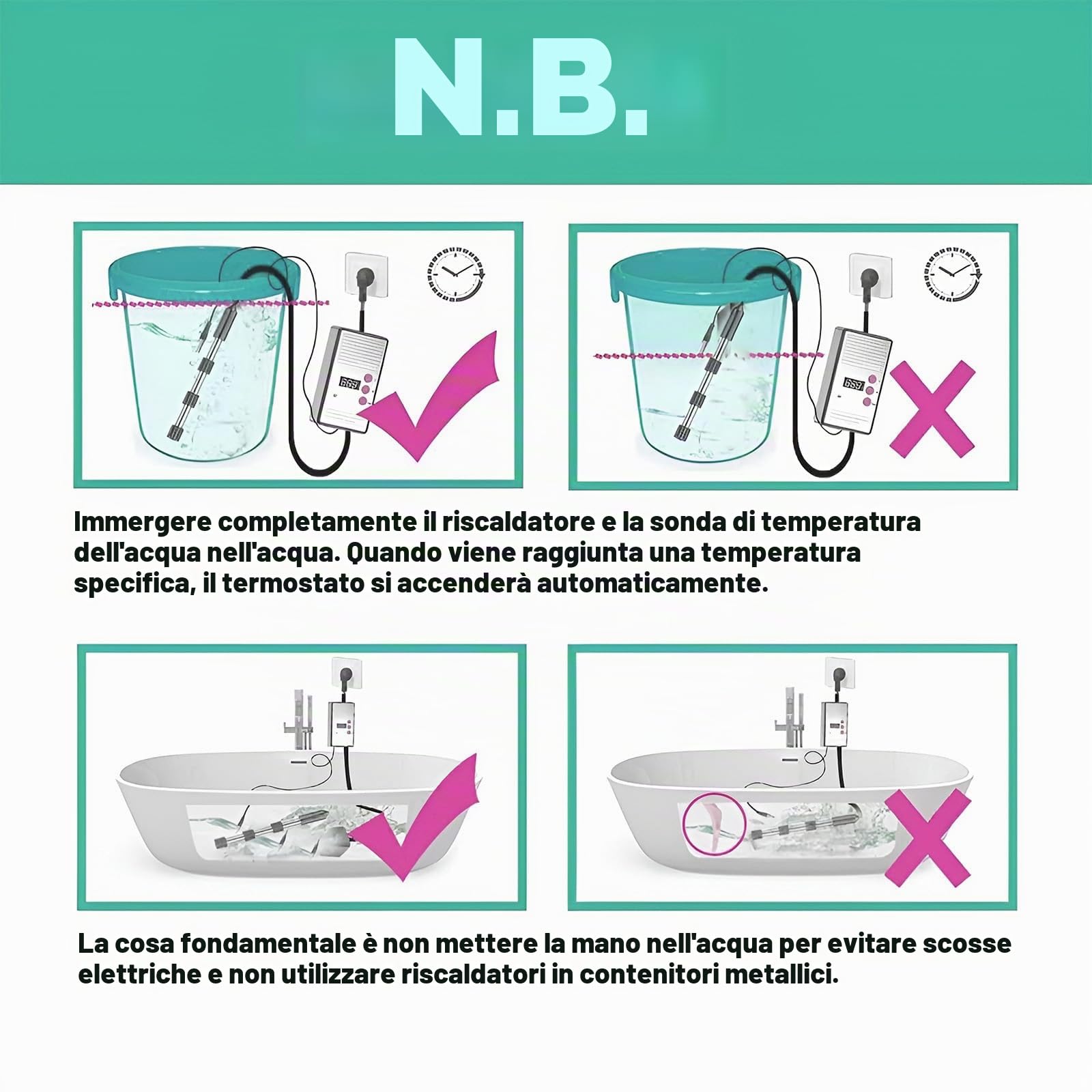 Scaldaacqua Elettrico Portatile A Immersione, Scaldabagno Sommersione Con Display Digitale Della Temperatura E Spegnimento Automatico, Protezione Di Sicurezza In Acciaio Inox.