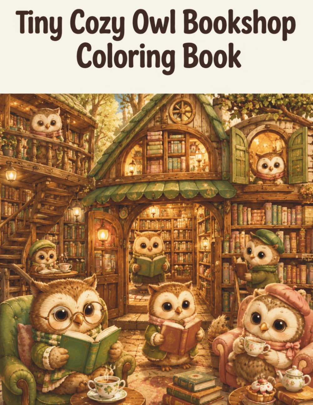 Tiny Cozy Owl Bookshop Coloring Book: Whimsical Woodland Bookstore Scenes for Relaxation and Creative Fun