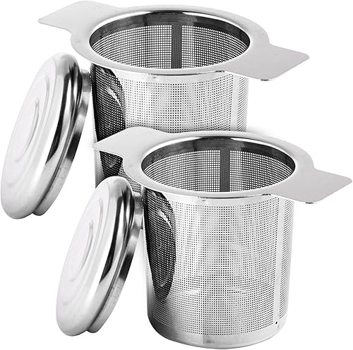 Infusor de té de acero inoxidable 304 de doble mango de malla fina con tapa, suave y lavable, para té suelto