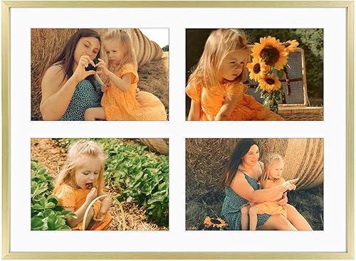 Golden State Art, Marco de collage de aluminio dorado de 12 x 16 pulgadas, muestra cuatro fotos de 5 x 7 pulgadas con paspartú o una foto de 12 x 16