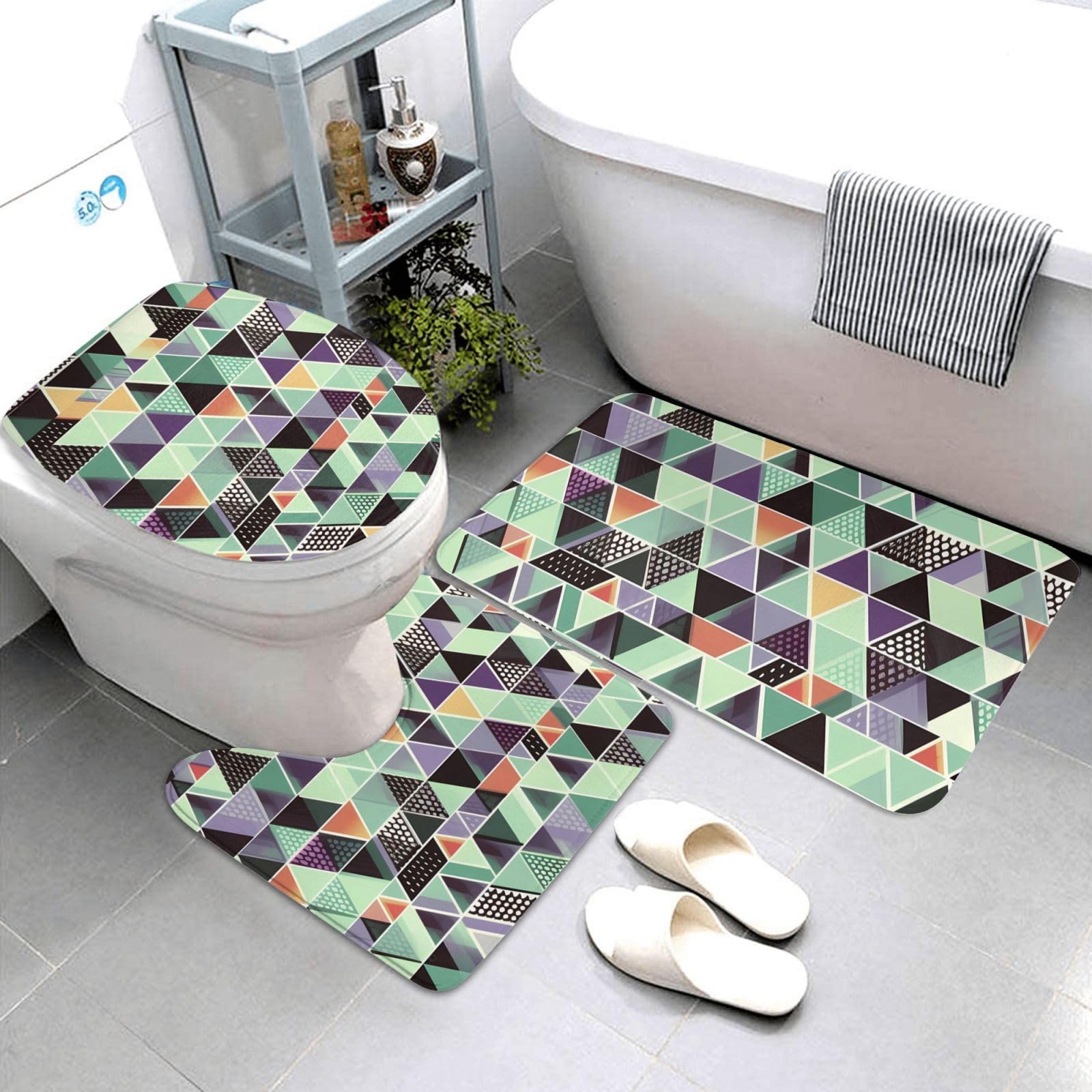 Set di 3 tappetini da bagno geometrici triangolari in flanella morbida antiscivolo con coperchio per la decorazione della casa