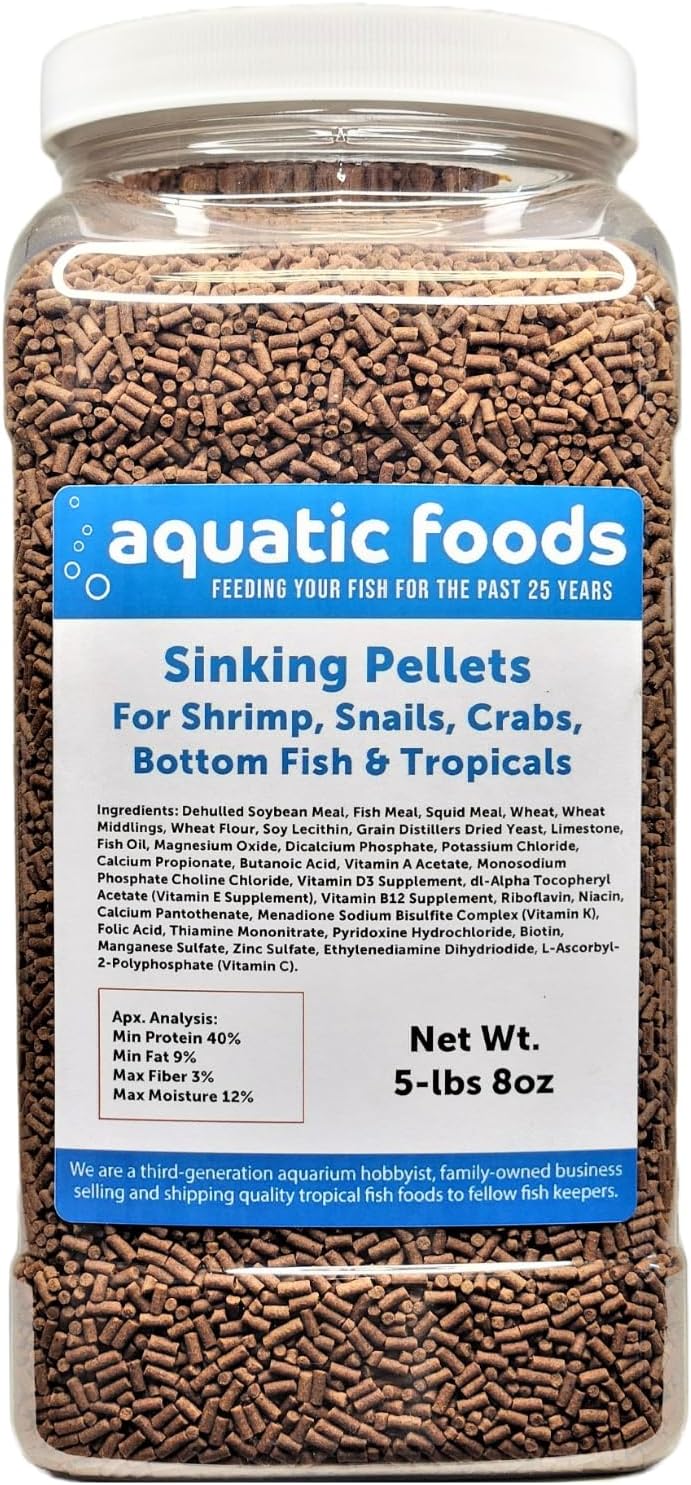 Aquatic Foods Inc. Shrimp Pellets, 40% Protein Sinking Pellet, 1/16" x 3/8" Pellets for Shrimp, Snails, Crabs, Catfish, Plecos for All Tropical Fish, by Zeigler…5-lb 8oz Lg Jar
