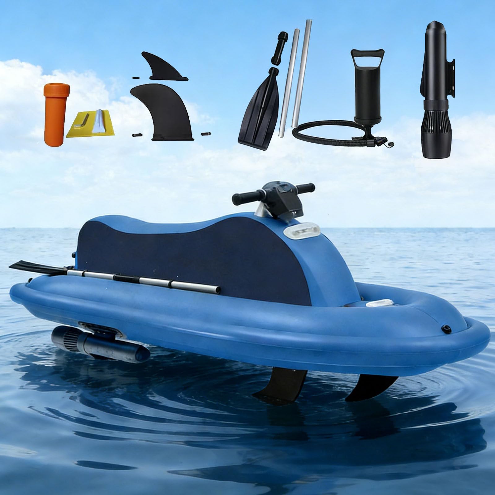 Barca a Reazione Gonfiabile con Doppia Pinna + Scooter Subacqueo da 500 W | Telecomando a 10 velocità | 3-7 Km/H | Autonomia 130 Min | capacità 150 kg | per Sport Acquatici