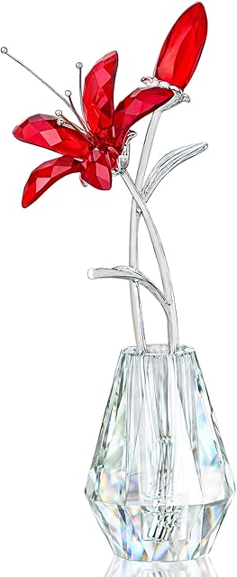 Red Crystal Lily Flower Figurine,Glass Red Flower with Silver Metal Stem Ornament,Dreams Flower Paperweight Collection