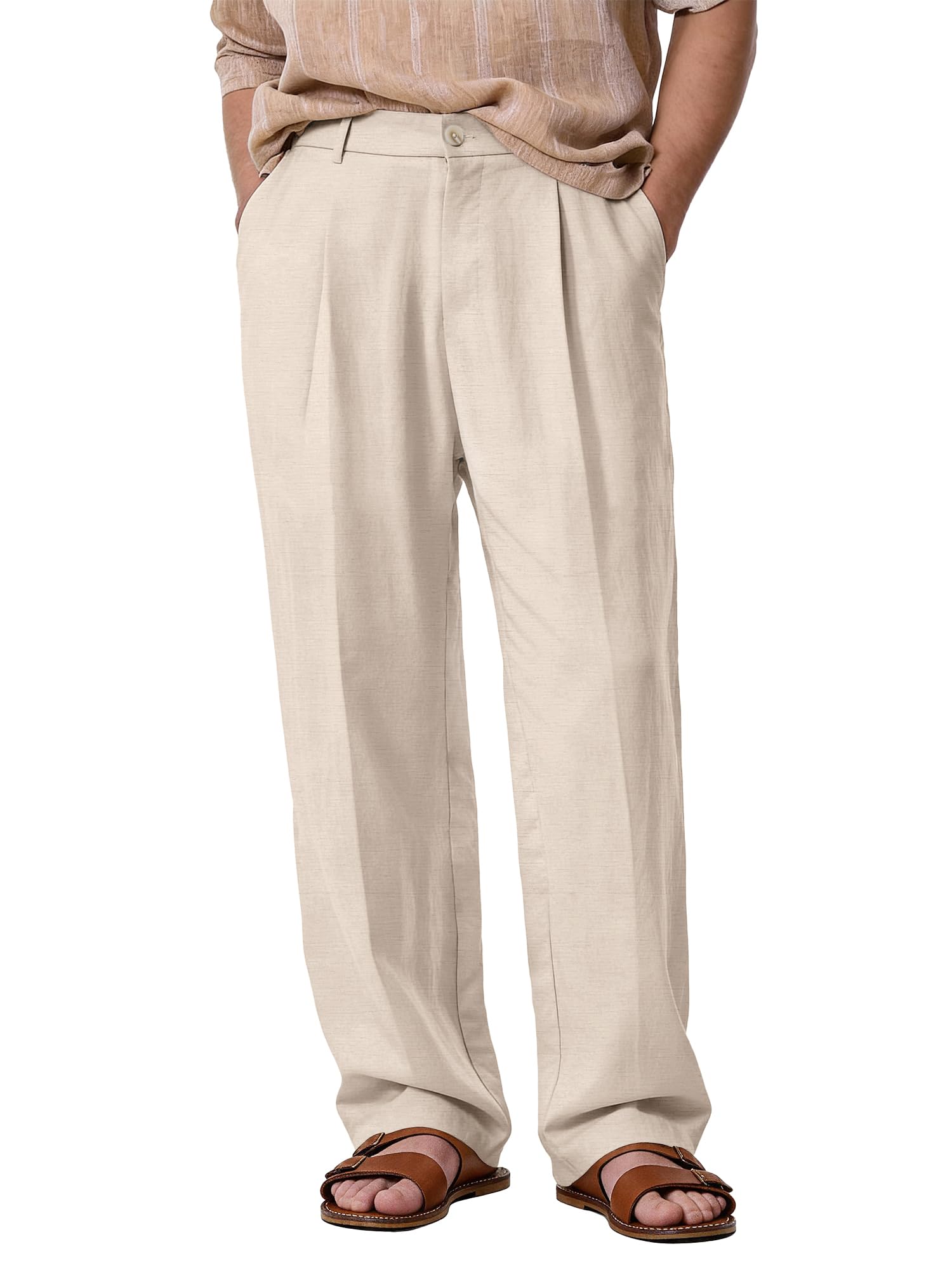 Comdecevis Men's Pleated Relaxed Fit Casual Linen Pants | Lightweight & Breathable, Comfort & Soft, Wide Leg & Baggy, Elastic Waist, Sumer Beach & Travel