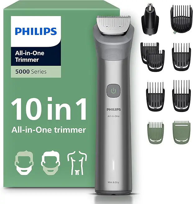 PHILIPS Multigroom Series 5000 All-in-One 10-teiliger Barttrimmer und Haarschneider für Gesicht, Kopf und Körper, selbstschärfende Metallklingen, elf Längeneinstellungen (0,5–16 mm), Modell MG5918/15