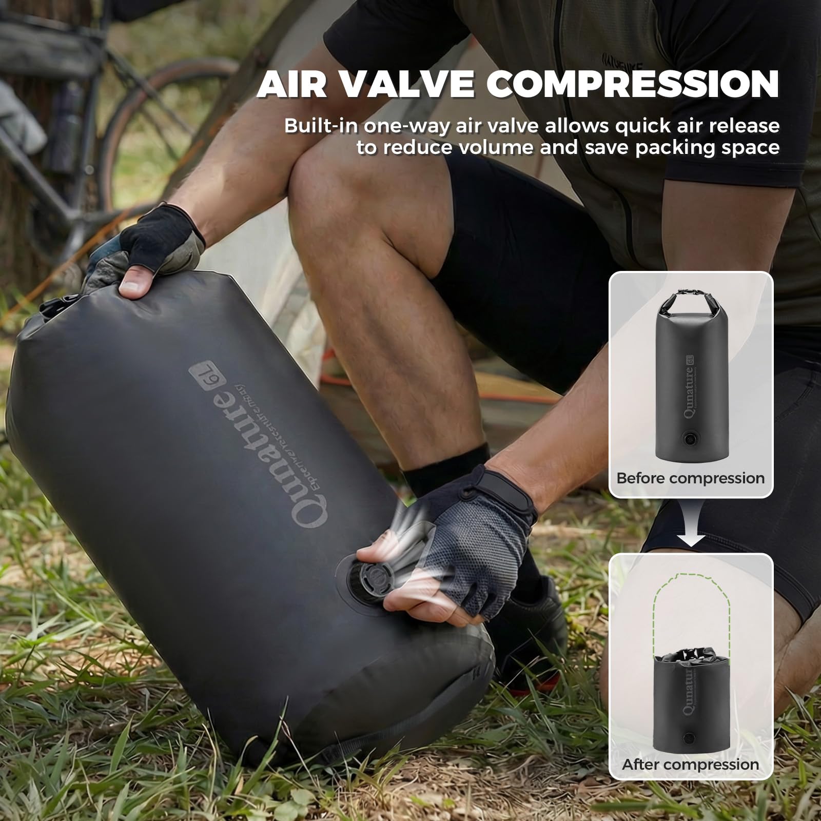 Sac étanche avec fermeture par enroulement - Sac de compression imperméable - 6 L - Léger et durable - Avec support magnétique - Pour vélo, randonnée, kayak, pêche, natation - Noir