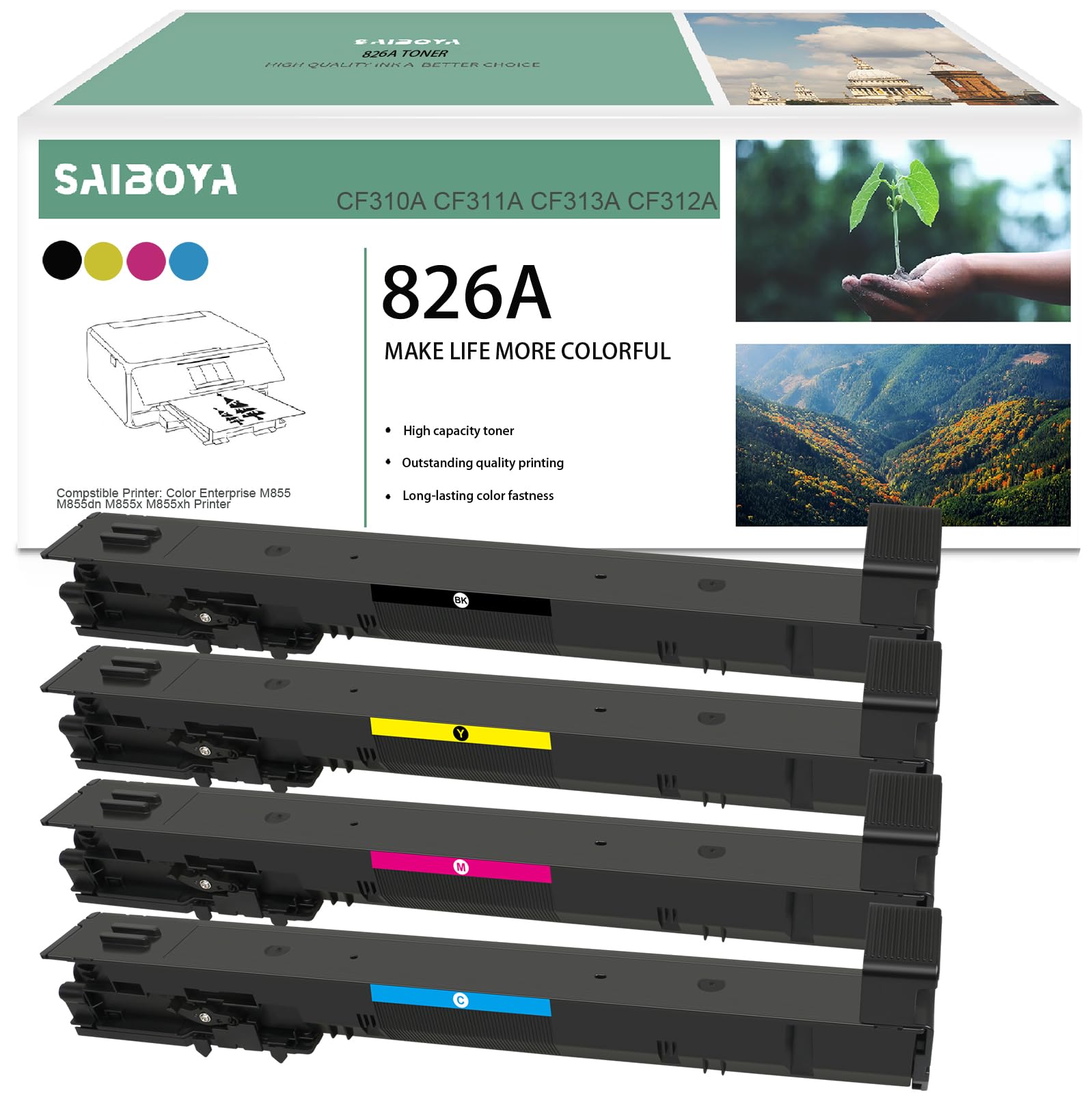 SAIBOYA 826A Toner Cartridge CF310A CF311A CF313A CF312A Compatible for Color Enterprise M855 M855dn M855x M855xh Printer (Black,Cyan,Magenta,Yellow 4