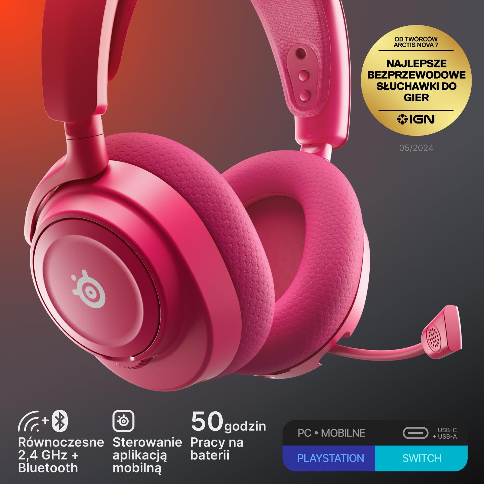SteelSeries Arctis Nova 7 Wireless Gen 2 do gier -sterowanie aplikacją w czasie rzeczywistym - 50H + -przetworniki magnetyczne z magnesem neodymowym -miks 2,4 GHz/Bluetooth - PC,PS5, Switch 1/2,mobile