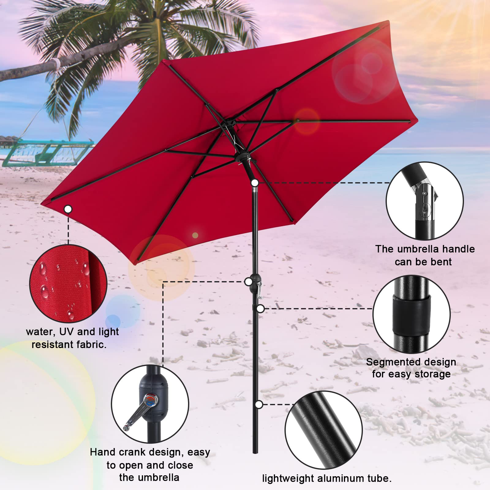Parasol przeciwsłoneczny, składany parasol plażowy, regulowany kąt nachylenia i wysokość, parasol plażowy na balkon, taras, plażę, bez stojaka, antracyt, czerwony, 270cm