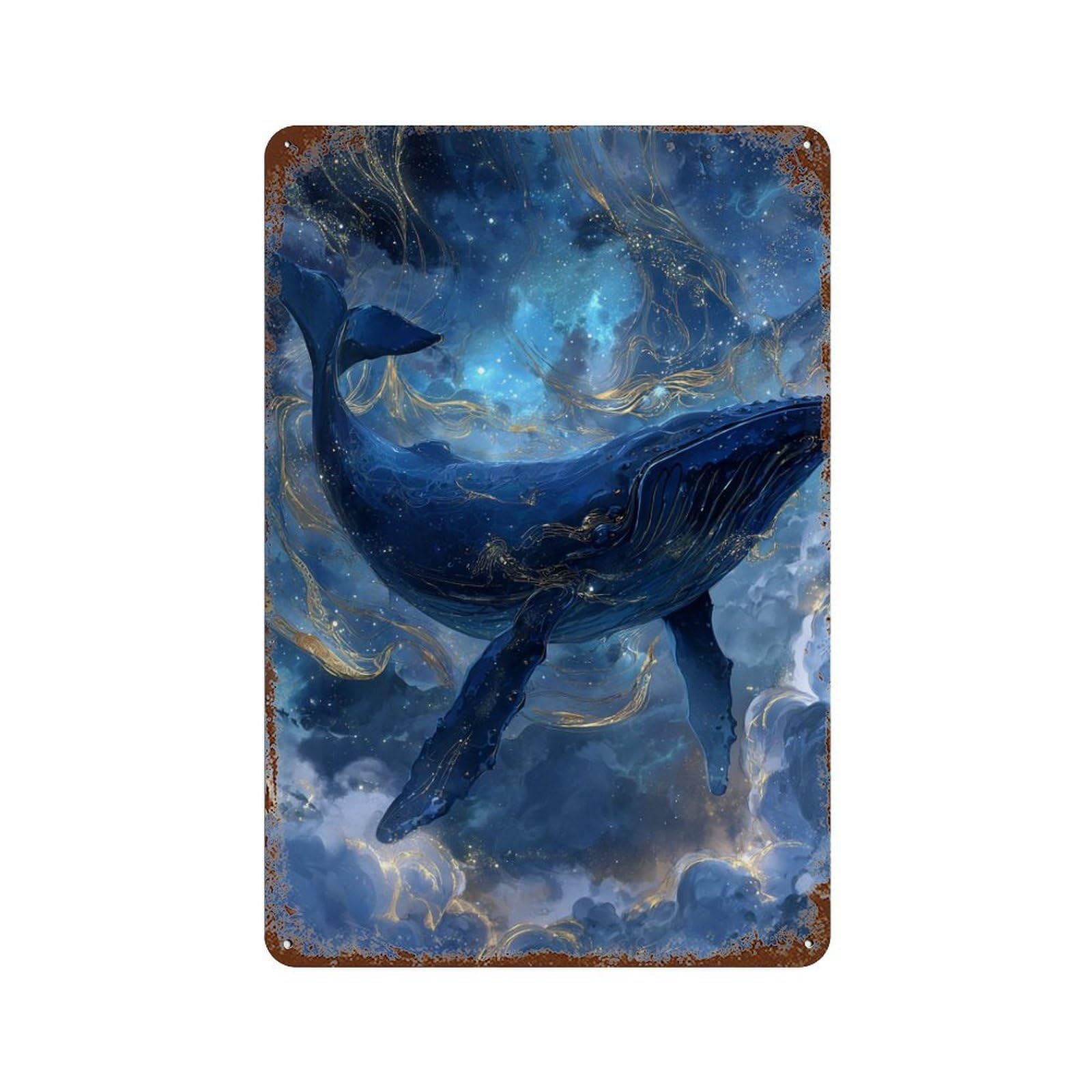 Whale in Cosmic Ocean Distressed Metal Wall Sign 11.8"x7.9", Industrial Home Decor for Garage, Pub Or Kitchen