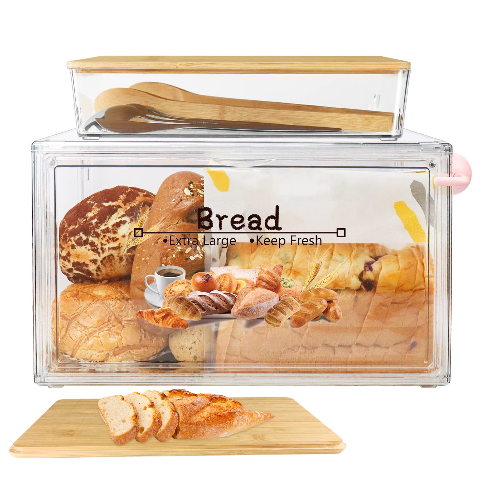RISICULIS Large Bread Box for Kitchen Countertop, Bread Storage Container, and Utensil Organizer with Bamboo Cutting Board Lid, Clear Bread Bin, Bread Keeper for Homemade Bread, Bagel, Muffins, Rolls