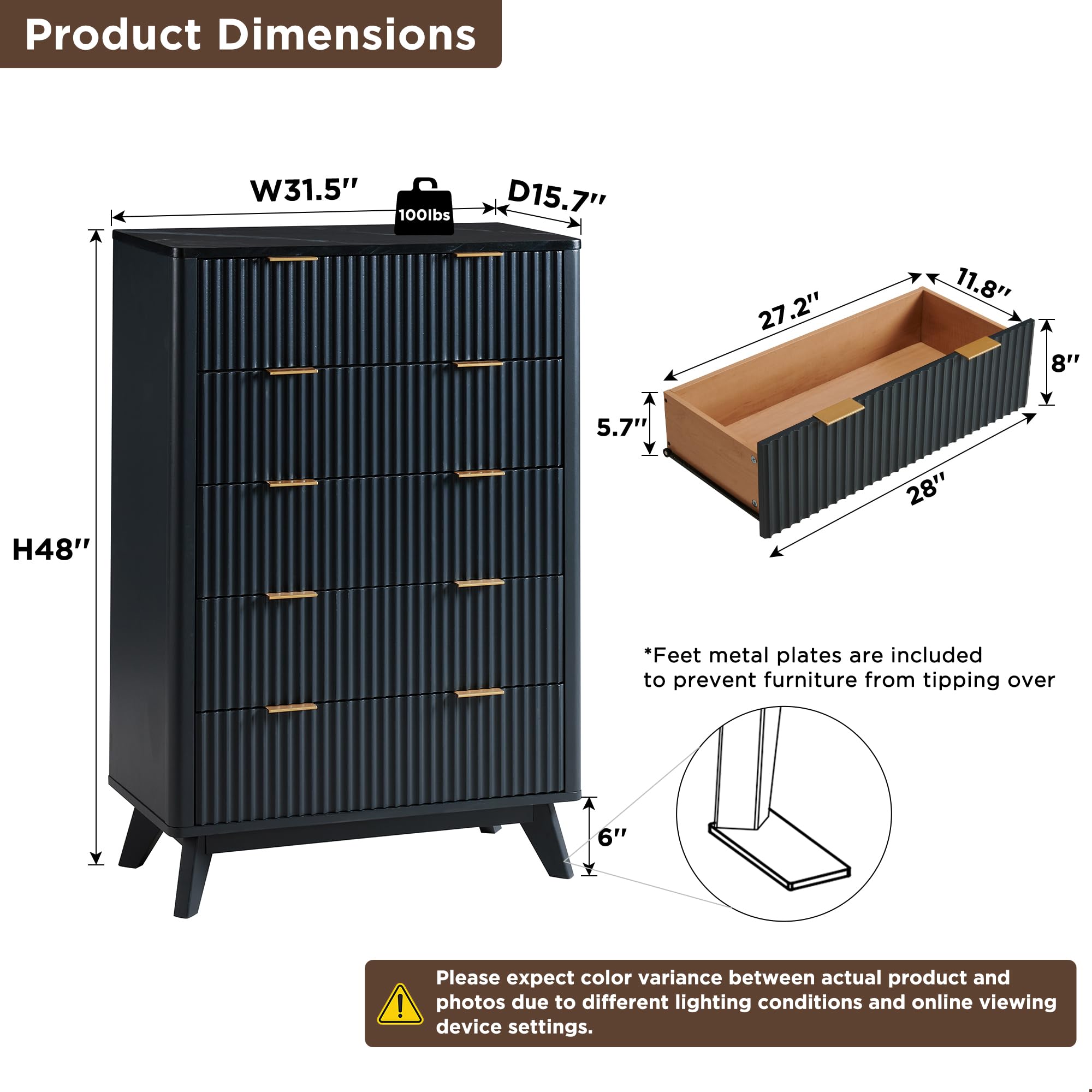 Cajonera de 5 cajones, 122 cm de altura, diseño moderno con surcos, diseño abovedado, con tablero de melamina efecto mármol, aparador para dormitorio y sala de estar, color gris oscuro