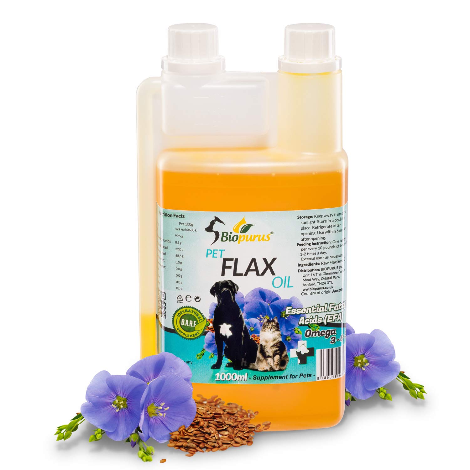 Biopurus Pure Natural Pets Flax Seed Oil for Dogs and Cats BARF 1000ml – Omega 3 Supplement for Skin & Coat – Natural Cold Pressed Linseed Oil for BARF Feeding & Daily Pet Nutrition