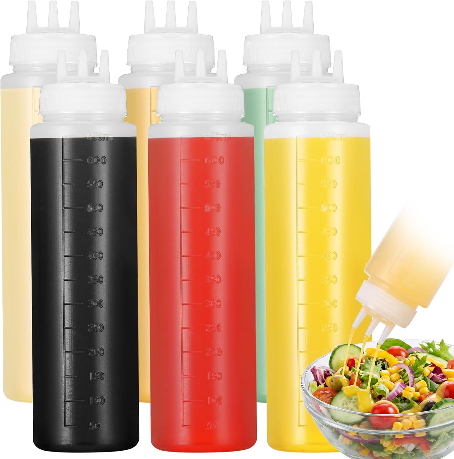 6 Pcs 23 oz Plastic Squeeze Condiment Bottles, 3 Hole Sauce Squeeze Bottle for Kitchen Restaurant Ketchup Mustard Dressing Oil Syrup