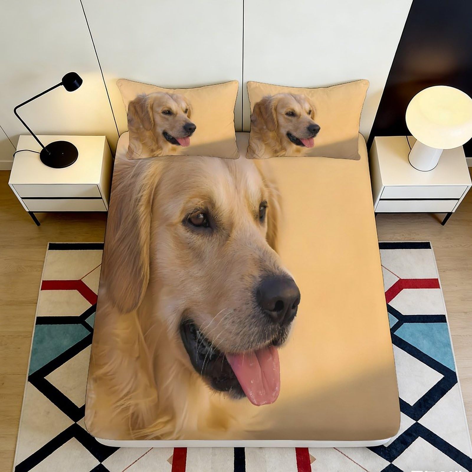 3D Printed Golden Retriever Fitted Sheet Microfiber Non-Slip Animal Dog Bed Cover for Bedroom Guest Room Machine Washable 200x200x25cm