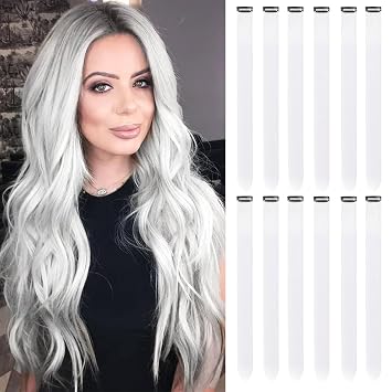 12 PCS White Hair Extensions Clip in 22 Inch Colorful Straight Hair Extensions Long Synthetic Hairpieces Colored Party Highlights Extension for WomenWhite