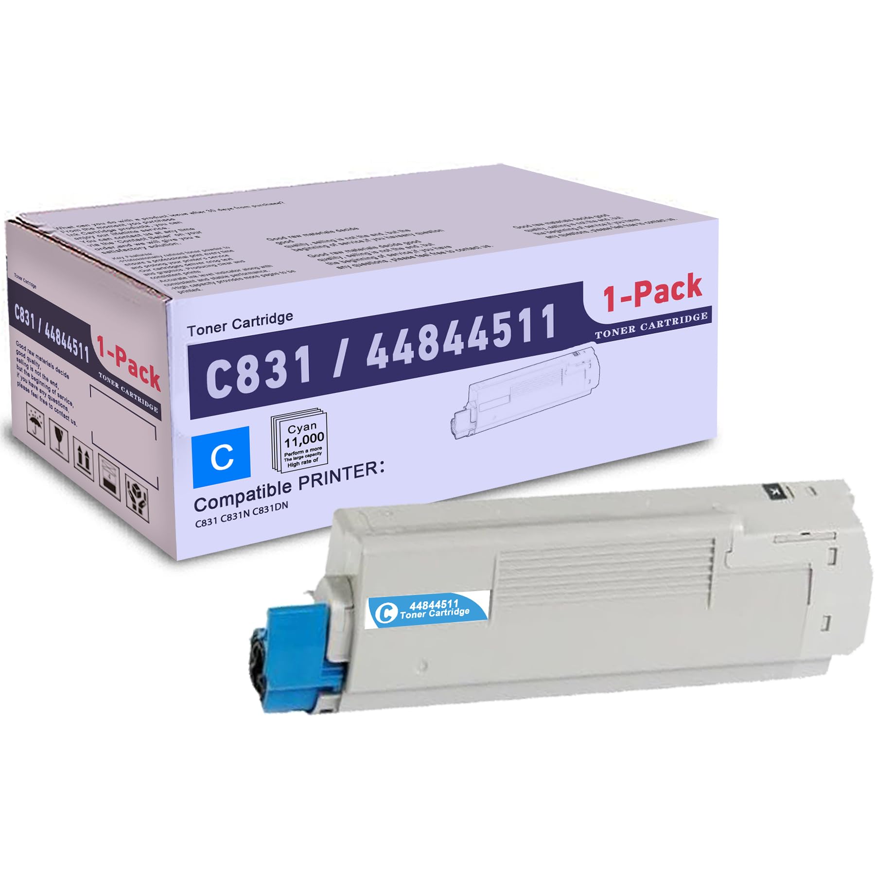 1 Pack Cyan 44844511 Compatible C831 Toner Cartridge, Replacement for OKI C831 (44844511) - Compatible with: C831 C831N C831DN Printer | Up to 11,000 Pages 1 Each