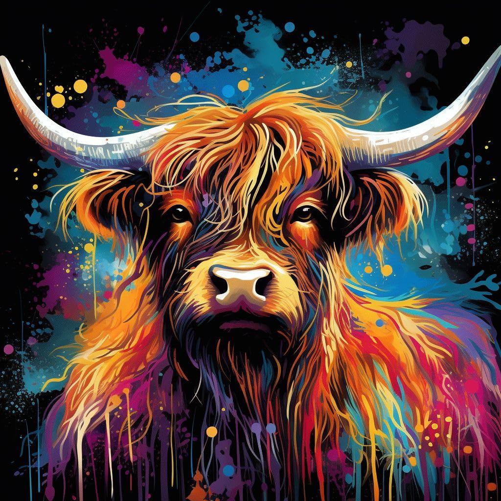 WANGXIAO Paint by Numbers for Adults,DIY Paint by Numbers for Beginner,Oil Painting for Wall Art,16X16Inch，Colorful Lightning Graffiti Highland Cow,Frameless
