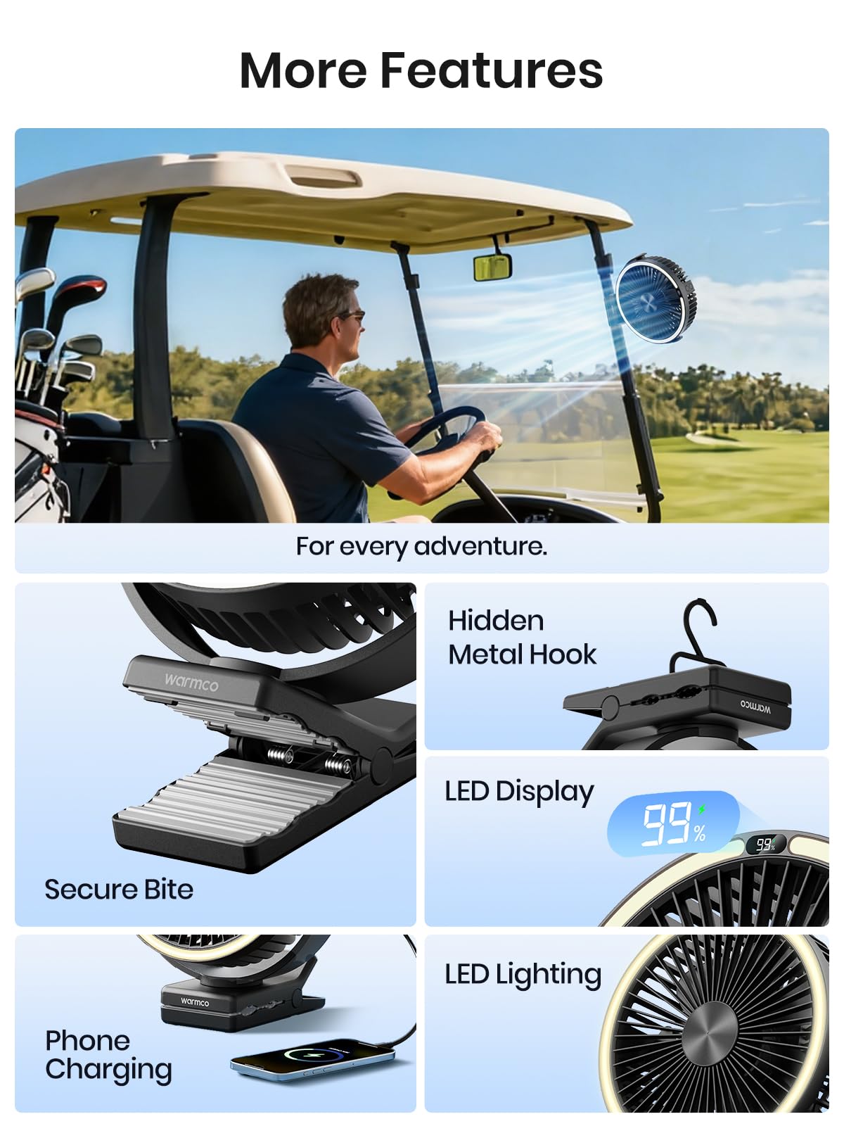 Warmco Ventilateur portable rechargeable à clip de 15000mAh, ventilateur de bureau alimenté par batterie de 20,3 cm, lanterne LED et crochet, rotation à 360° et 4 vitesses avec fort débit d'air pour