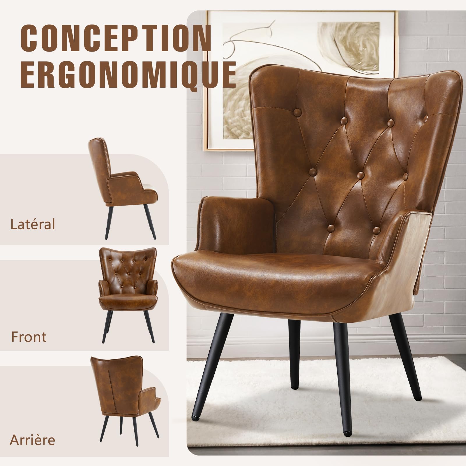 Fauteuil Salon Relax, Fauteuil Scandinave Moelleux en Similicuir Chaise Bouclette avec Accoudoirs & Dossier Ergonomique pour Salle à Manger, Salon, Chambre, Siege Bureau, Allaitement, Brun