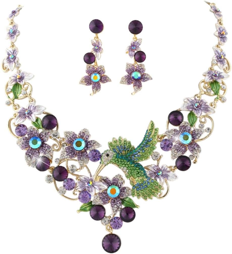 EVER FAITH Hummingbird Flower Leaf Necklace Earrings Set Austrian Crystal