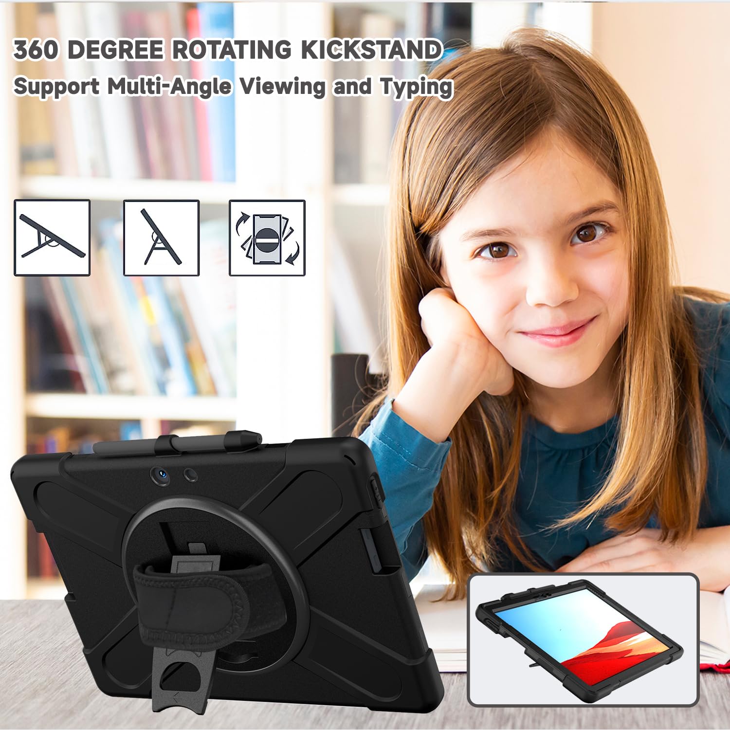 Custodia per Microsoft Surface Pro X 2021/2020/2019 - Visualizzazione multipla con cavalletto e cinghia da polso, tracolla per il trasporto, porta pennino, copertura aziendale per Surface Pro