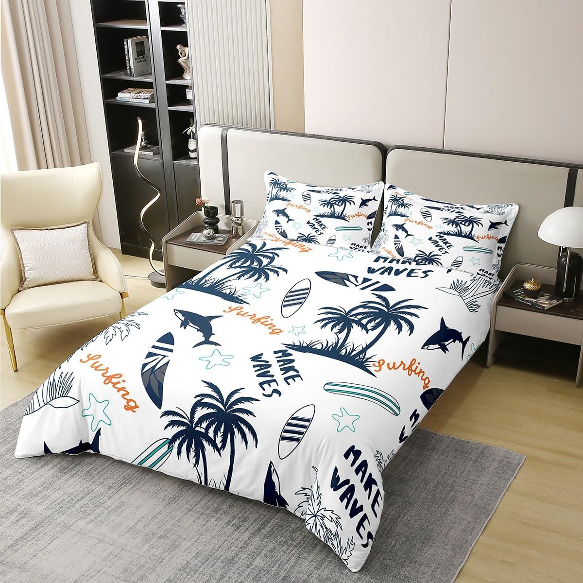 jejeloiu Palm Tree Bedding Set Surfboard Cotton Duvet Cover Set Queen Size Surfing Sports Comforter Cover Set for Kids Boys Soft Cotton Hawaiian Tropical Bedspread Cover Shark Starfish Decor Bedcothes
