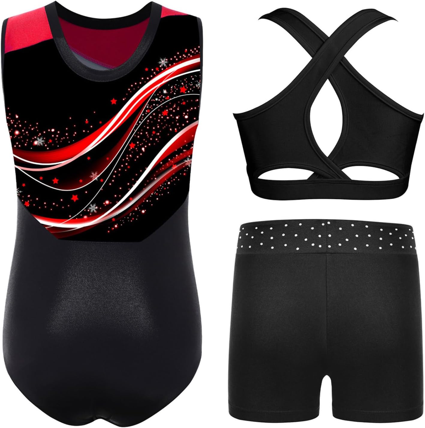 JEYPINMI Girls Ballet Leotard Crop Vest with Shorts Set Yoga Workout 3 Piece Sports Tracksuit Tumbling Dance Outfits Red 12 Years