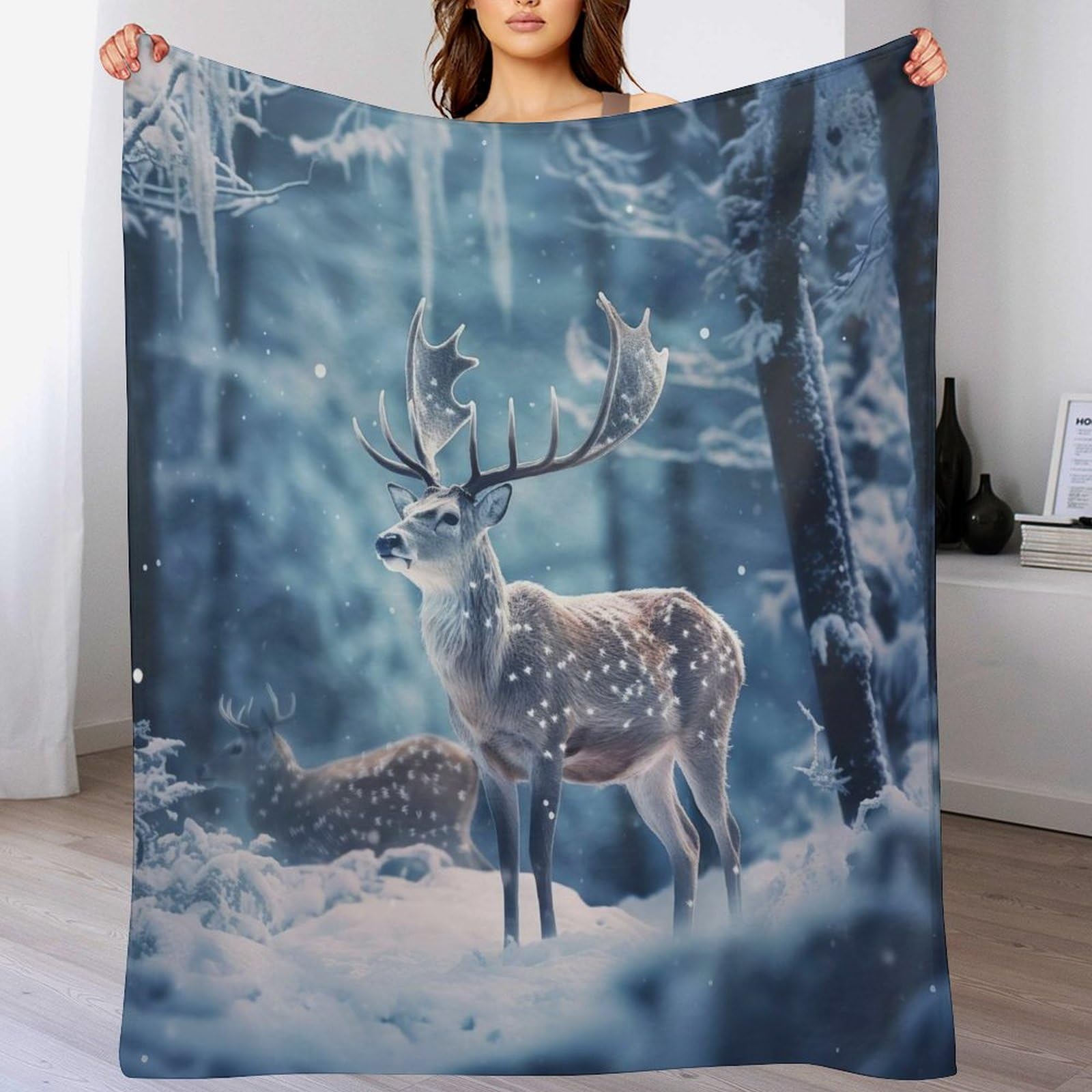 Couverture en polaire cerf 3D flannel douillette de 150x200cm pour lit et canapé
