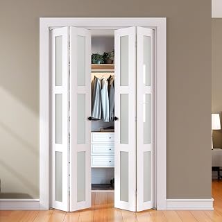 SMARTSTANDARD Frosted Glass Bifold Closet Door for 48x80 Opening - White Tempered Glass Folding Barn Door, Easy Install Hardware Kit