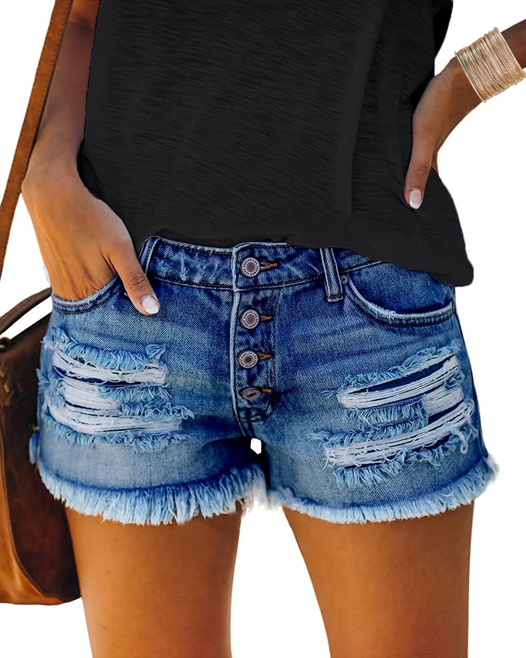 Women's Mid Rise Ripped Stretchy Jeans Shorts Frayed Raw Hem Casual Denim Shorts