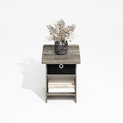 Miniatura 4 de Furinno Mesa auxiliar moderna, mesa auxiliar cuadrada con compartimento de almacenamiento, mesita de noche de esquina redonda, mesita de noche con