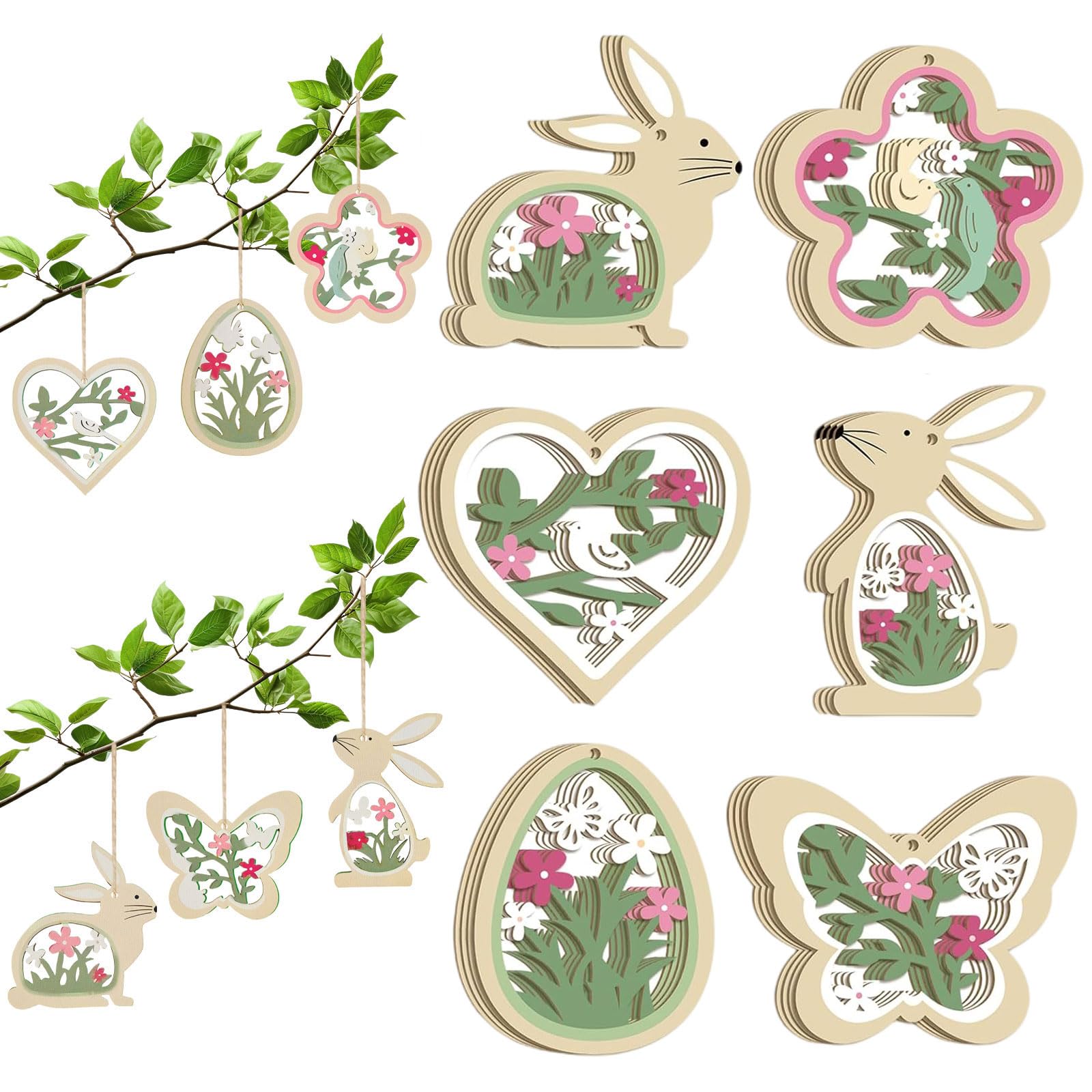 Osterdeko zum Aufhängen Upgraded Doppelseitig Bedruckte, 24 Stück Osteranhänger Holz Frühlingsdeko Anhänger mit Schnur, Ostern Deko Osterhase Ostereier Schmetterlinge Blumen
