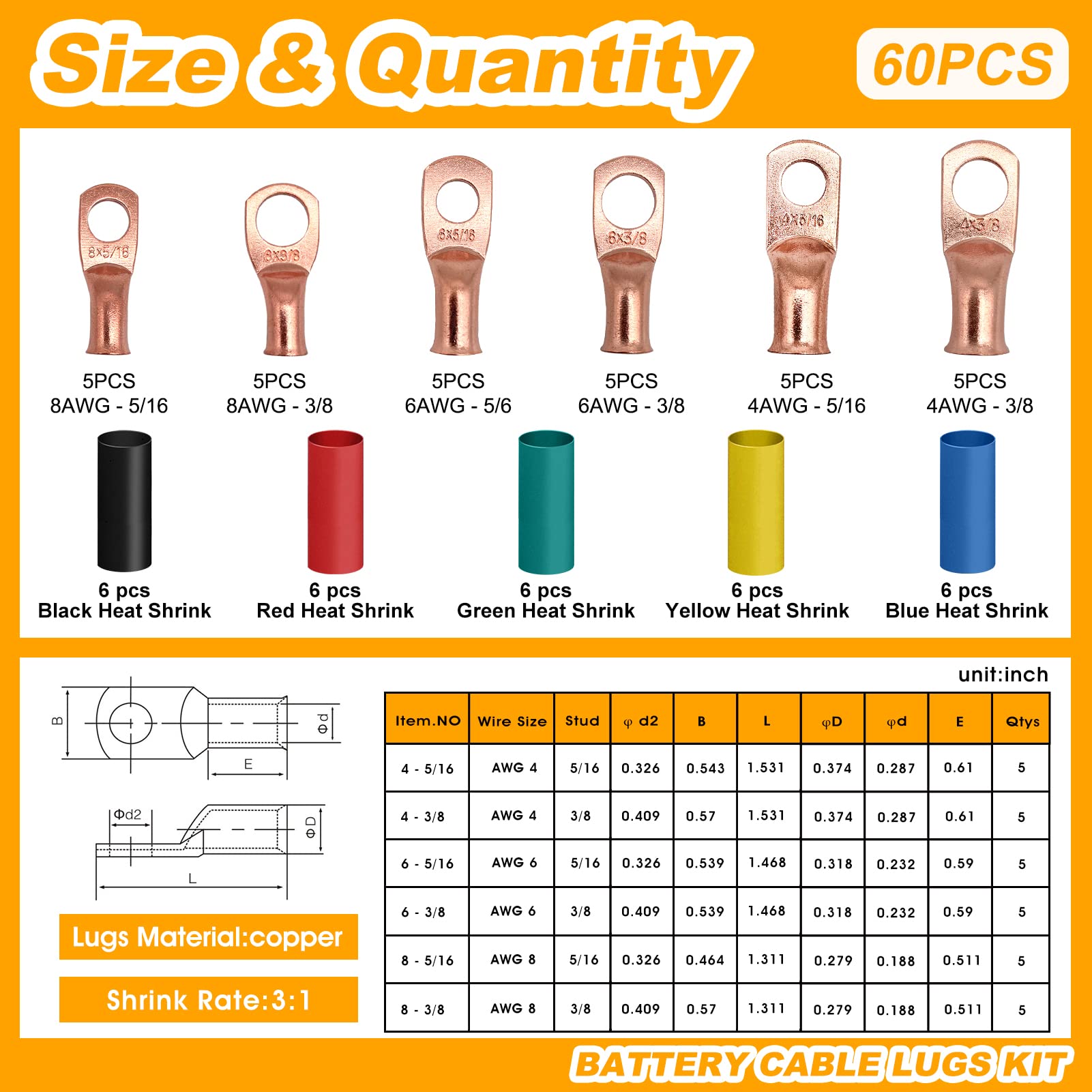 Morris 94703 Long Barrel Flex Cable Compression Lug, Copper, 2 Holes, 6 Wire Range, 1/4 Stud, 5/8-inch Hole Spacing, 5-Pack