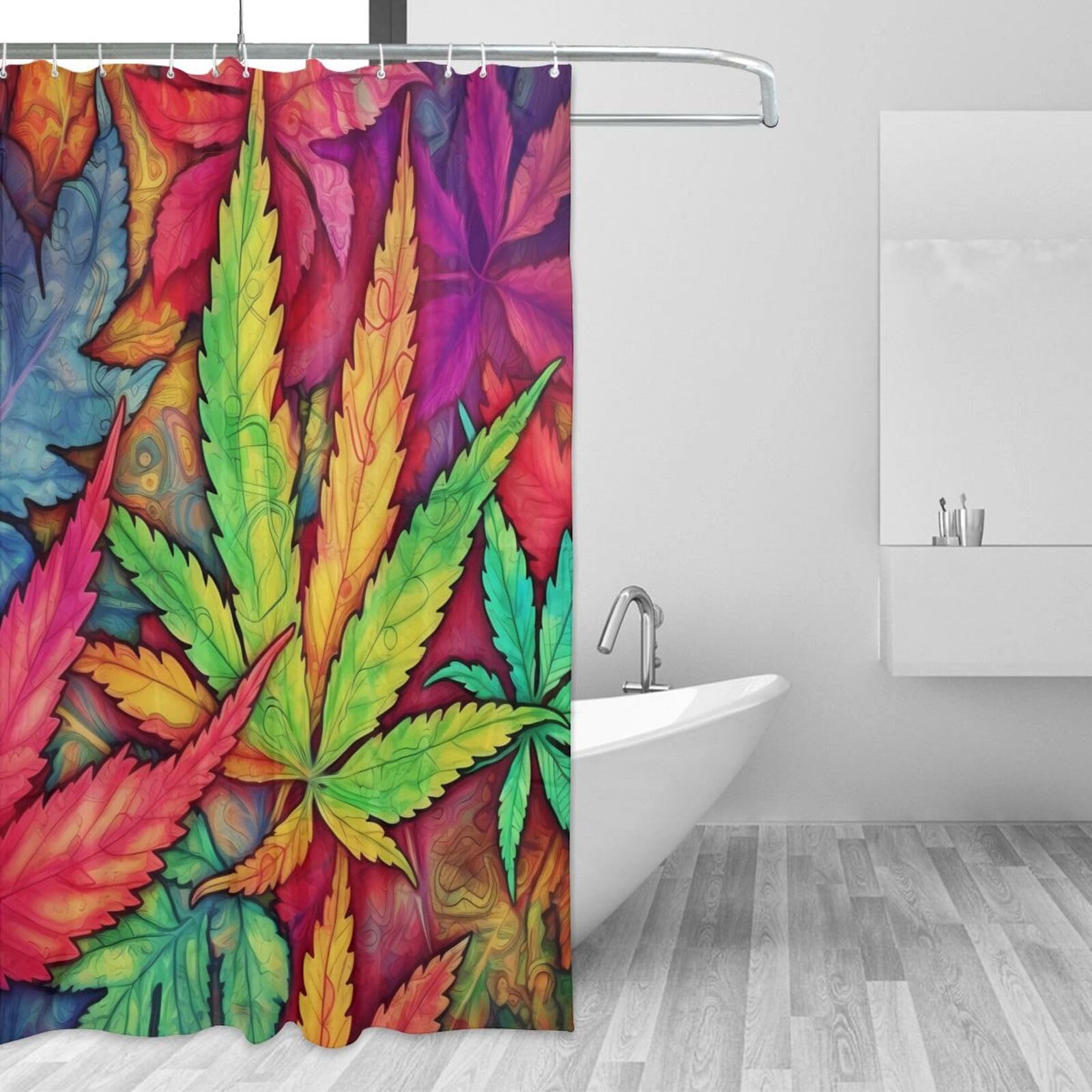 Rideau de douche imperméable fini les sols mouillés motif feuilles multicolores