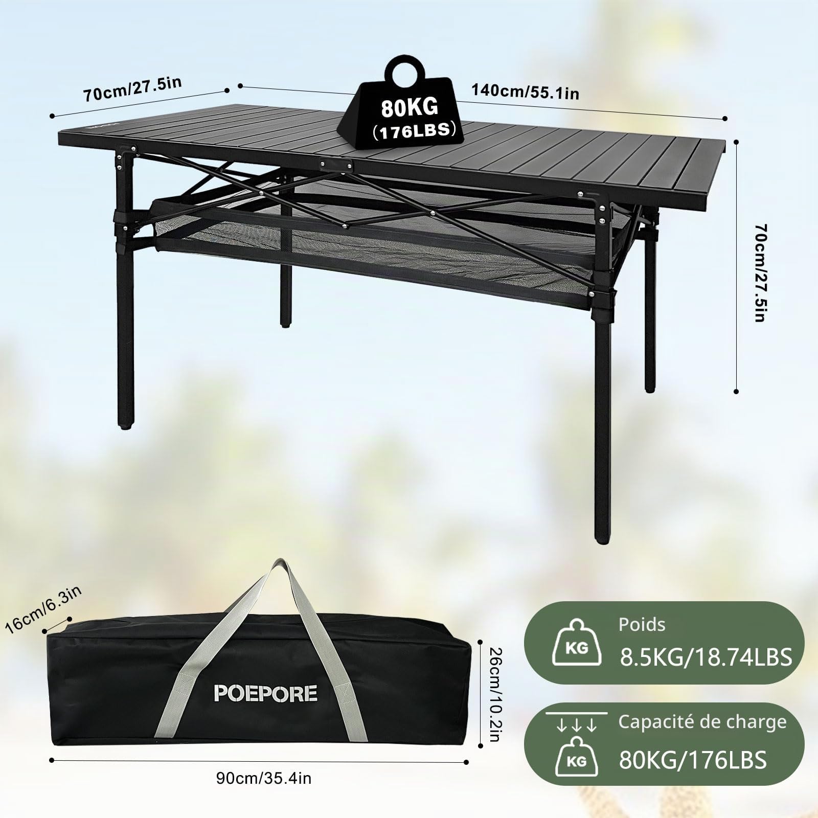 Table de Camping Pliante en Aluminium pour 4-6 Personnes Table Pliante Exterieur Charge Maximale 80 kg avec Poches en Filet pour Jardin Pique-Nique Plage Terrasse 140 x 70 x 70cm Noir
