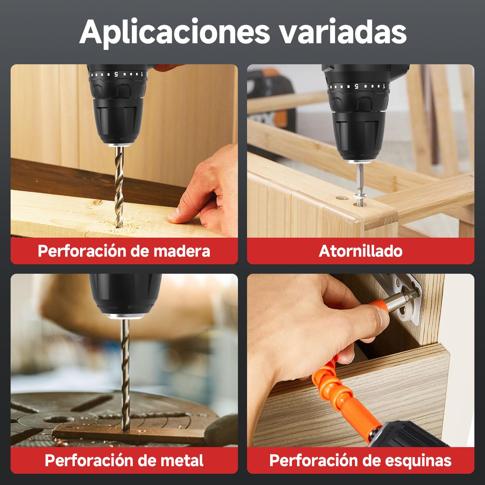 PULITUO 20V Taladro Percutor a Batería, Taladro Atornillador Batería c/ 2x2,0Ah, Portabrocas de 3/8", 2 Velocidades, 21+1 Pares, Con Set de Accesorios de 42 Piezas, Kit de Reparación Doméstica