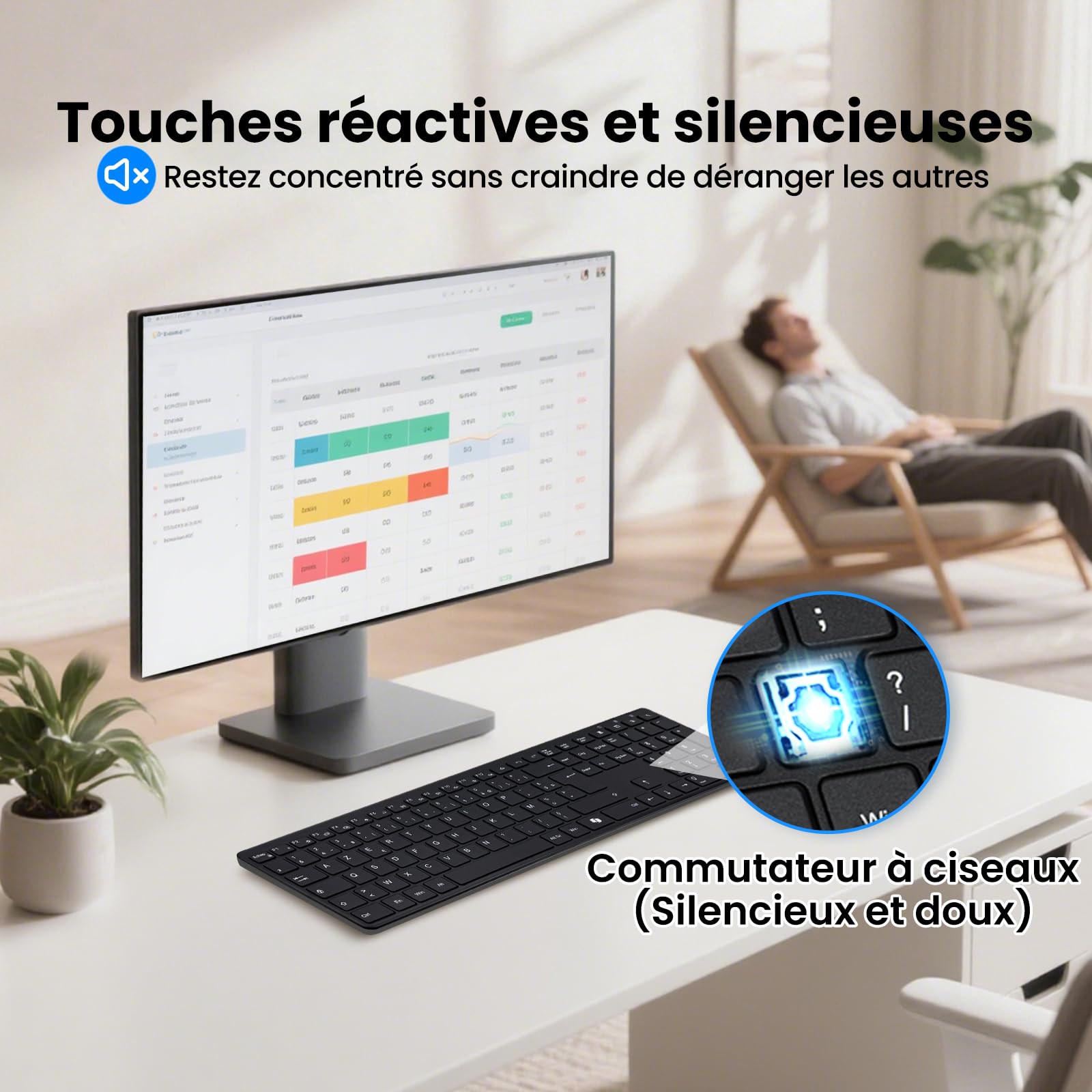 INFINMIND Clavier Sans Fil AZERTY, Ultra-Mince Clavier Silencieux Sans Fil avec 2,4 G USB Récepteur /Type-C,19 Raccourcis Multimédia Numérique Pavé Longue Batterie Autonomie pour Desktop,MAC,Windows