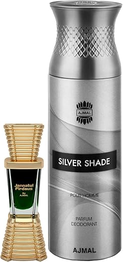 Ajmal Jannatul Firdaus Concentrated Perfume Oil Oriental Alcohol-free Attar 10ml for Unisex and Silver Shade Homme Deodorant Citrus Woody Fragrance 200ml for Men FREE
