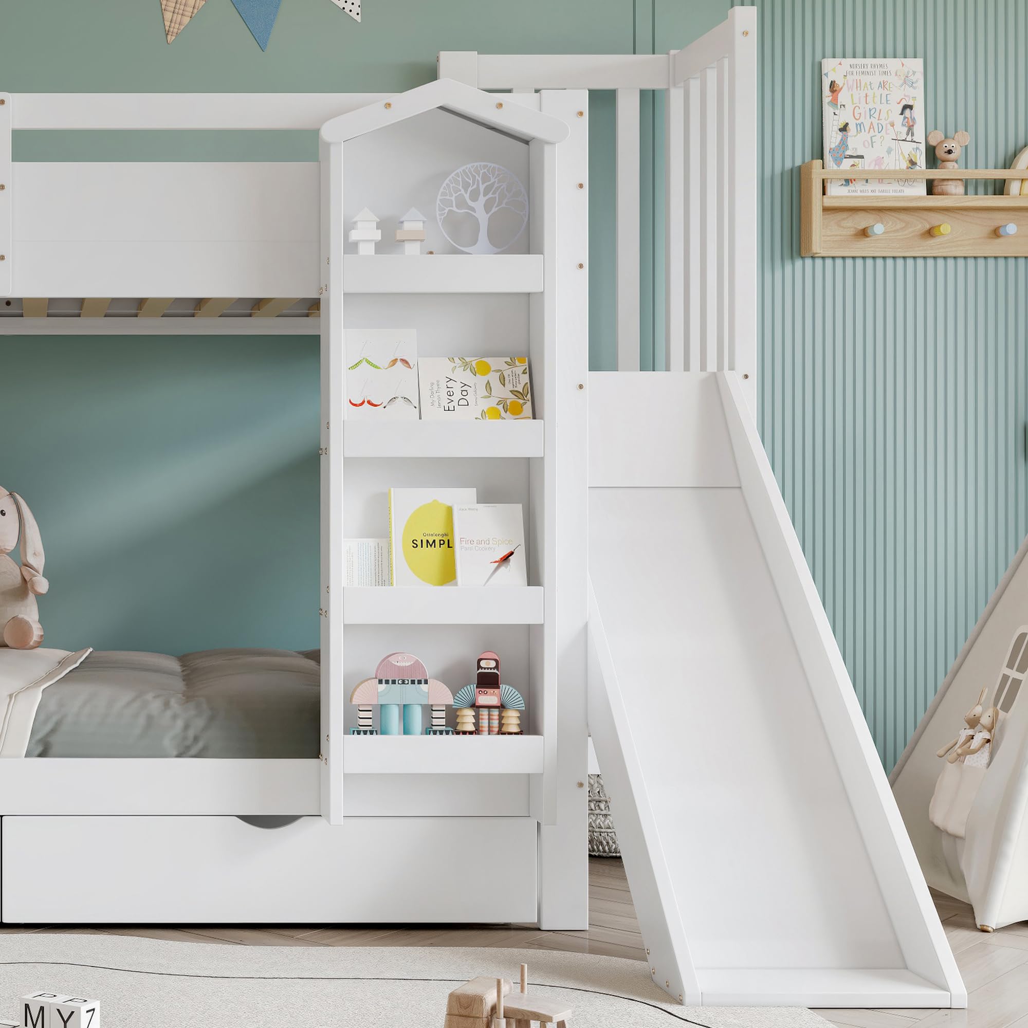 Litera, cuna, con estante para libros, dos cajones con ruedas y tobogán infantil, armario de almacenamiento para escaleras, pino + MDF + madera contrachapada, blanco, 90 x 200 cm